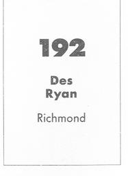 1990 Select AFL Stickers #192 Des Ryan Back